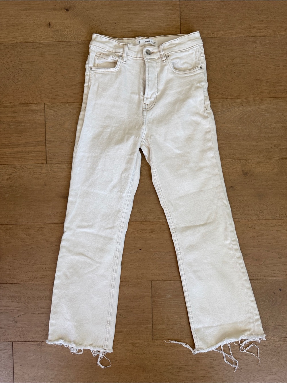 Mango White Frayed-Hem Straight Jeans